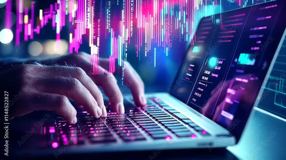 Hands Typing on Keyboard with Holographic Data Visualization Hands Typing on Keyboard with Holographic Data Visualization
