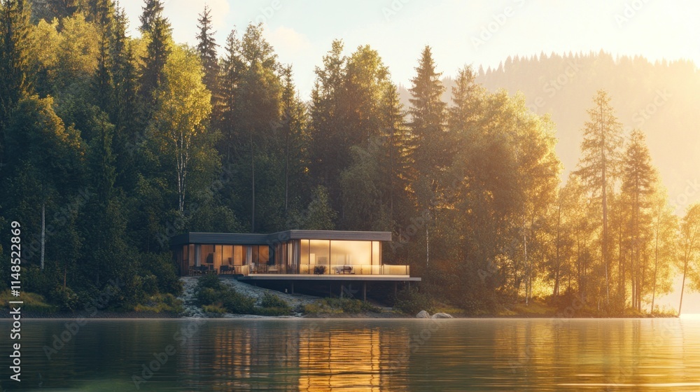 Fototapeta premium Modern Lakeside House Nestled Amongst Lush Green Trees