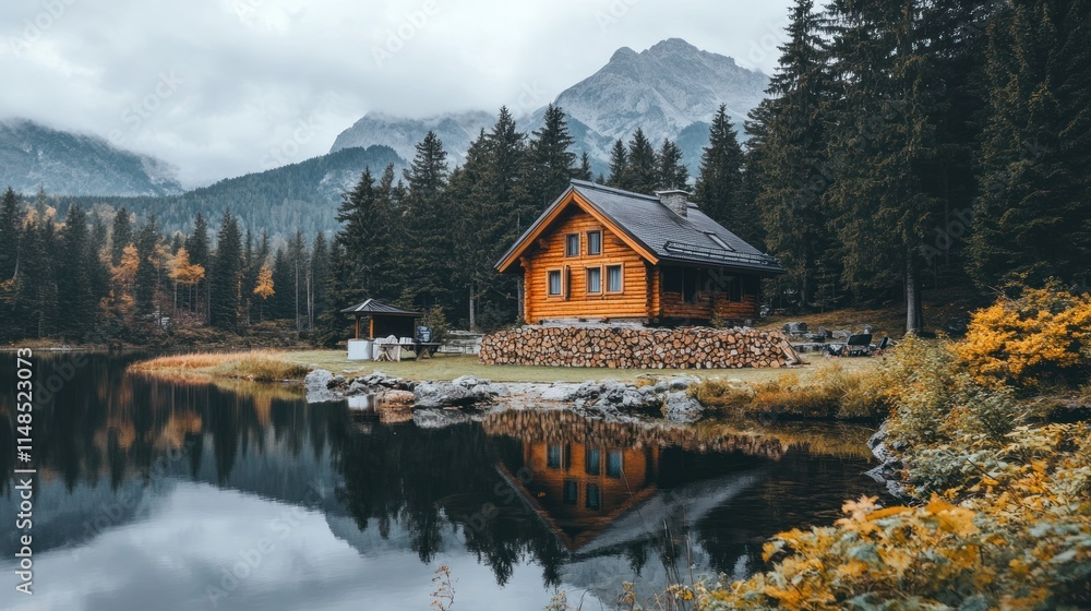 Naklejka premium Mountain Lake Cabin Autumnal Serenity