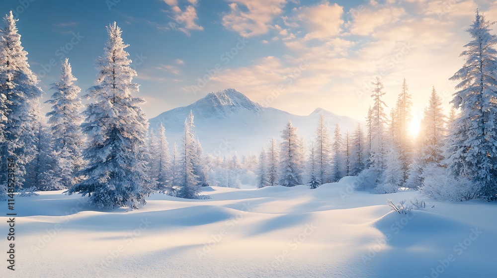 Snow covered mountain landscape with winter trees at sunrise Snow covered mountain landscape with winter trees at sunrise
