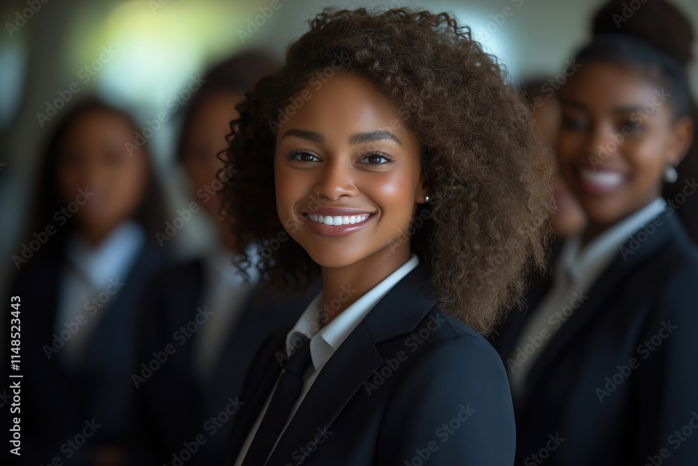 Successful businesswoman smiles confidently in office setting. Professional attire, happy expression. Team of executives in meeting collaboration environment. Focus on empowerment, success, Successful businesswoman smiles confidently in office setting. Professional attire, happy expression. Team of executives in meeting collaboration environment. Focus on empowerment, success,