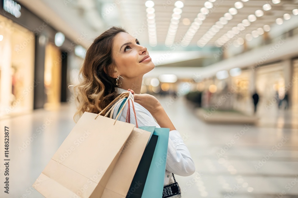 A close-up of a casually dressed woman holding shopping bags, with the blurred background A close-up of a casually dressed woman holding shopping bags, with the blurred background