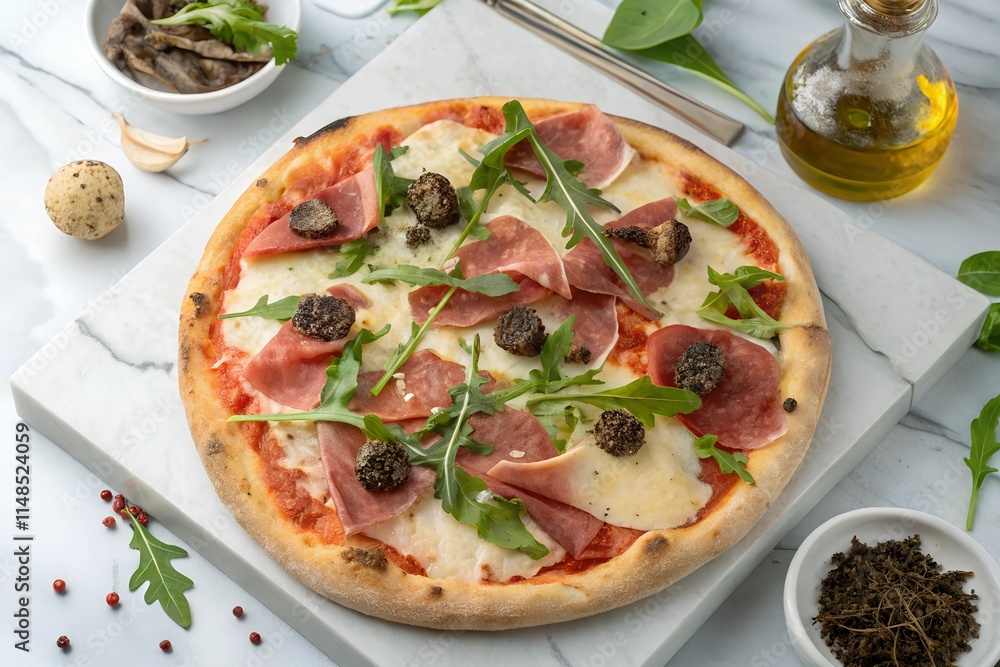A high resolution, realistic of a pizza with a variety of gourmet toppings, such as prosciutto, arugula, and truffle oil A high resolution, realistic of a pizza with a variety of gourmet toppings, such as prosciutto, arugula, and truffle oil