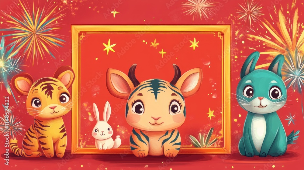 Obraz premium Whimsical greeting sign featuring a rectangular frame, cartoon ox, tiger, and rabbit zodiac symbols, and colorful fireworks over a vibrant red background.