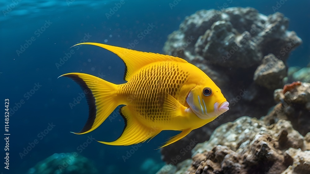 Threespot angelfish (Apolemichthys trimaculatus), yellow tropical fish on panoramic water background, underwater web banner with copy space
Threespot angelfish (Apolemichthys trimaculatus), yellow tropical fish on panoramic water background, underwater web banner with copy space