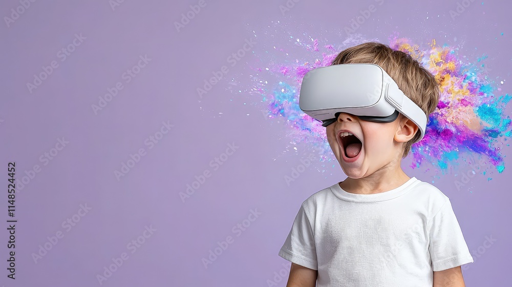 Excited boy wearing VR headset, colorful explosion behind. Excited boy wearing VR headset, colorful explosion behind.