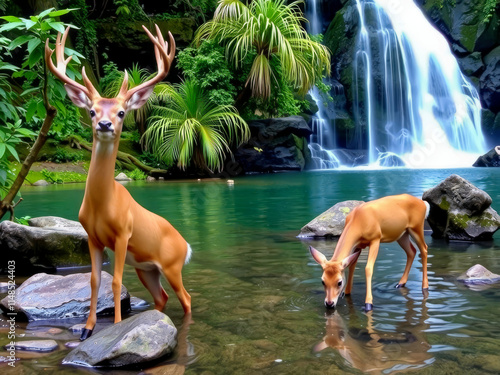 Two deer are drinking water in a stream. The water is clear and the stream is surrounded by trees photo