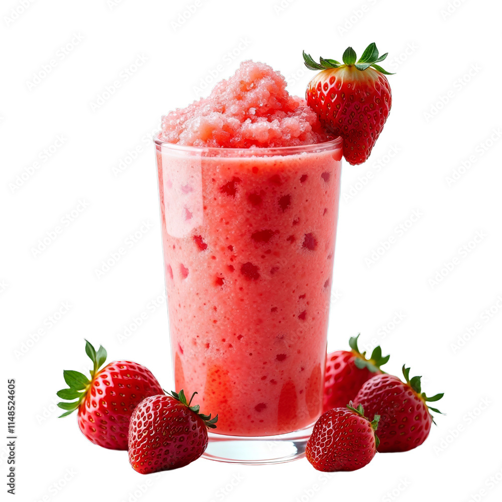 Pink strawberry smoothie in cup with fresh strawberries as garnish on black background