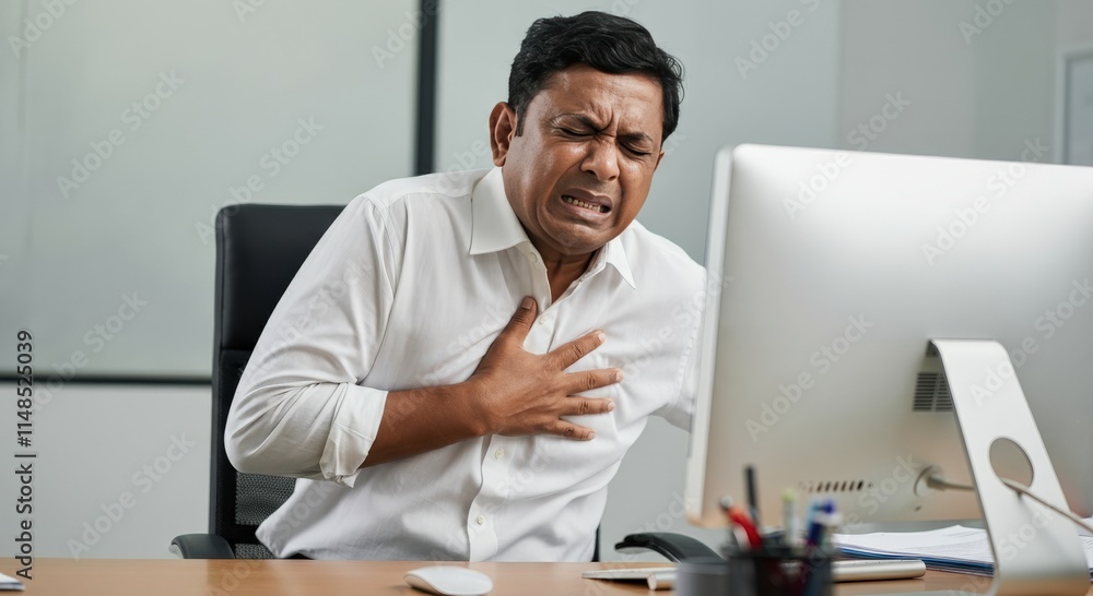 Concerned adult male with chest pain in office setting for health awareness and education Concerned adult male with chest pain in office setting for health awareness and education