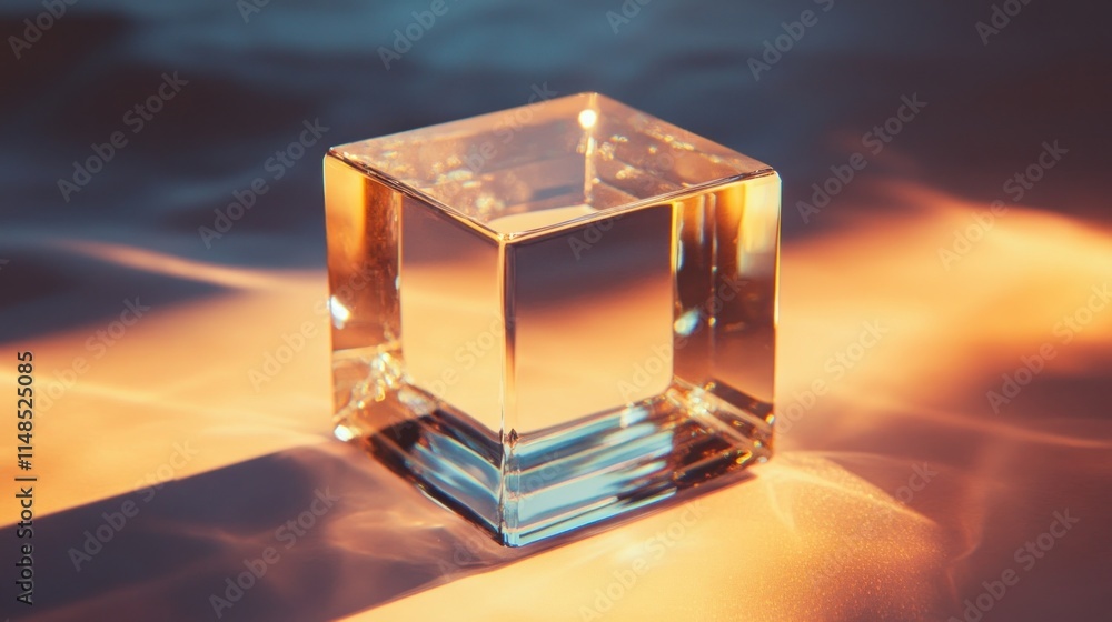 Transparent glass cube on fabric, illuminated. Transparent glass cube on fabric, illuminated.