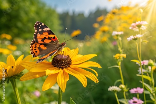 close up colorful painted lady butterfly on a bright yellow sunflower