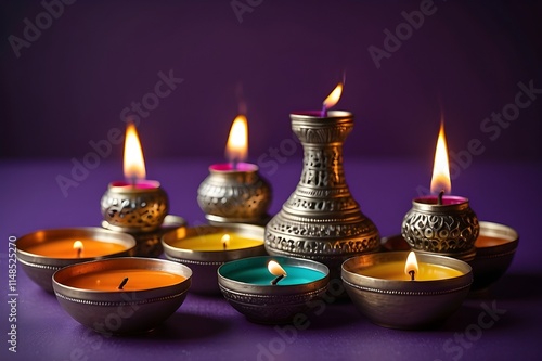 
Colorful indian oil lamps or candles on purple background with copy space, Diwali celebration, traditional festival of lights photo