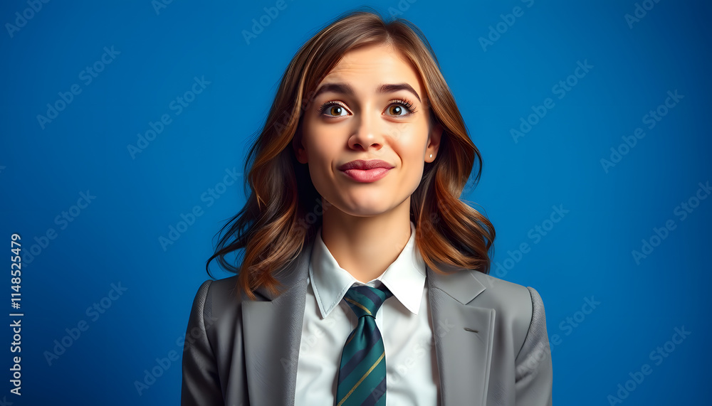 Studio portrait of a businesswoman wearing suit and tie, smiling confidently against a vibrant blue backdrop, conveying professionalism and success. Studio portrait of a businesswoman wearing suit and tie, smiling confidently against a vibrant blue backdrop, conveying professionalism and success.