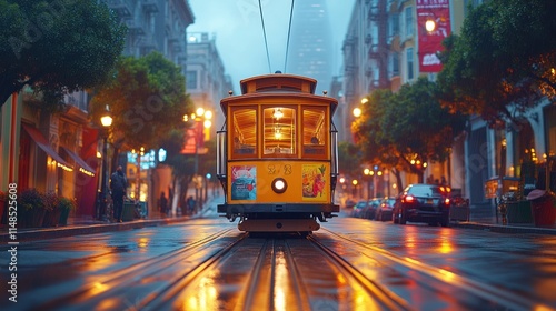 Rainy night, San Francisco cable car.
