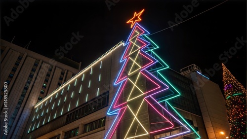 Neon Christmas Tree on Building