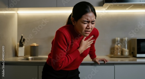 Young asian female experiencing chest pain in modern kitchen setting for health awareness