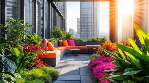 Urban rooftop garden featuring vibrant plants and stylish seating, with panoramic city views and bright sunlight enhancing the space.