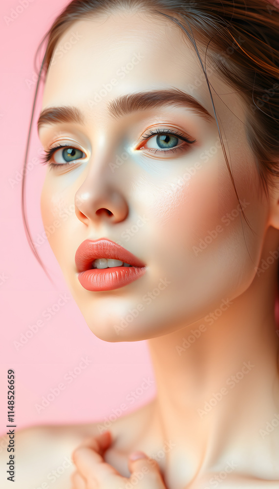 Portrait of a beautiful young woman with perfect skin, hair tied in a ponytail, light make-up and bare shoulders posing on a soft pink background, beauty and skincare concept. Portrait of a beautiful young woman with perfect skin, hair tied in a ponytail, light make-up and bare shoulders posing on a soft pink background, beauty and skincare concept.