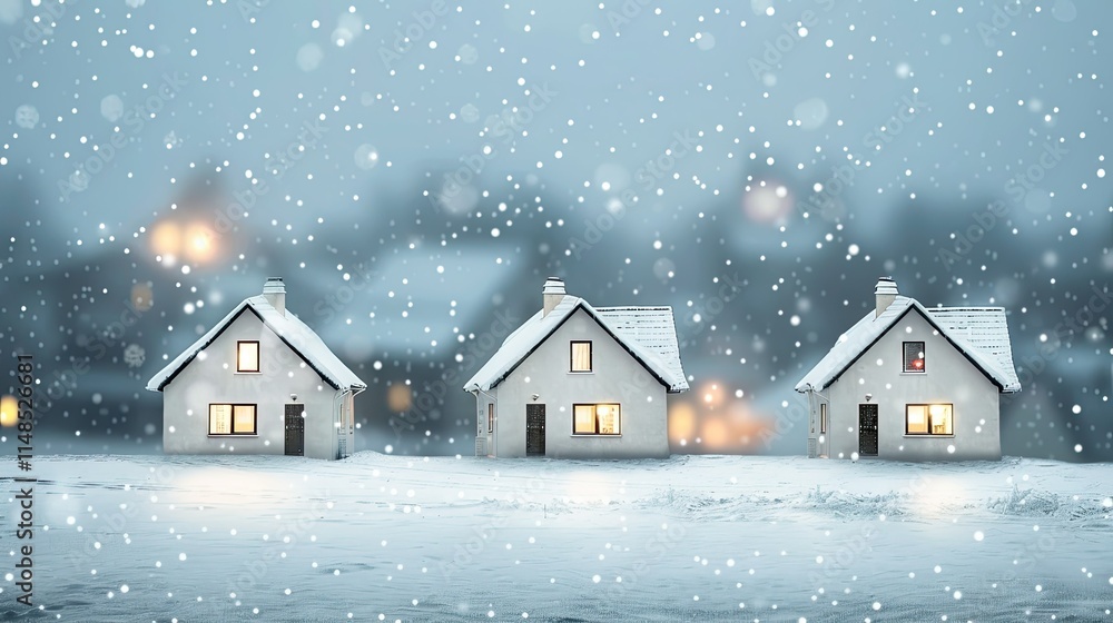 Three white houses with lights inside on a snowy background Three white houses with lights inside on a snowy background
