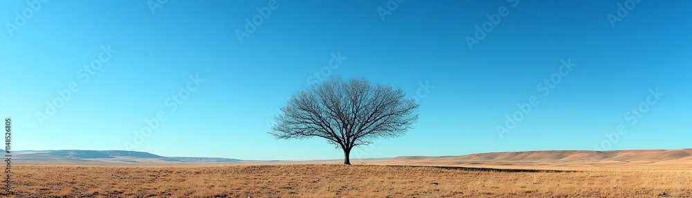 A solitary, leafless tree stands against a bright blue sky in a vast desert landscape during daylight hours A solitary, leafless tree stands against a bright blue sky in a vast desert landscape during daylight hours
