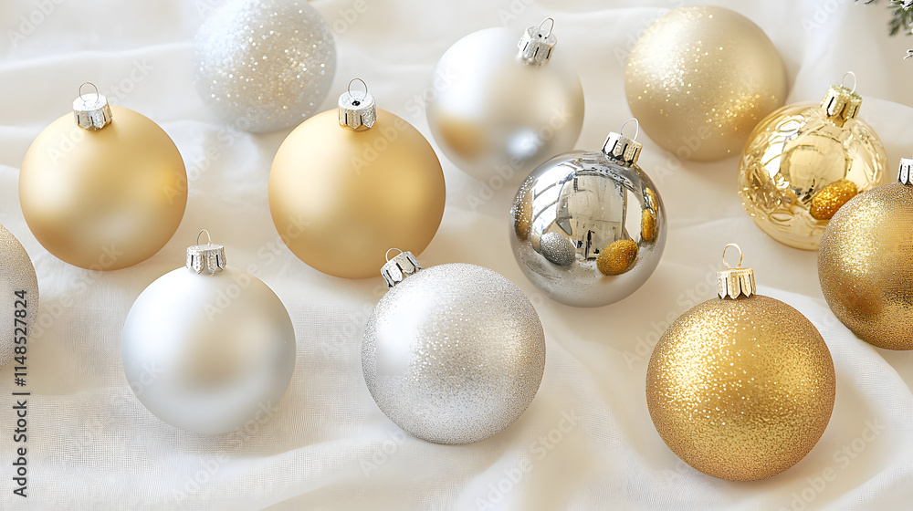 Twelve elegant Christmas ornaments in gold and silver hues. Various finishes include matte, glitter, and shiny. Perfect for festive decorations. Twelve elegant Christmas ornaments in gold and silver hues. Various finishes include matte, glitter, and shiny. Perfect for festive decorations.