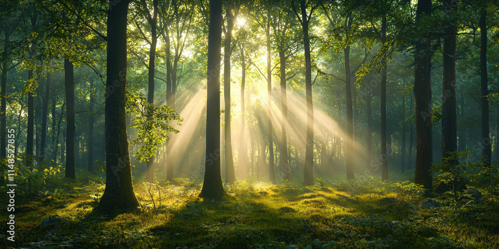 Obraz premium Sunrise and sunset, A serene forest scene with sunlight streaming through trees, creating a tranquil and magical atmosphere.