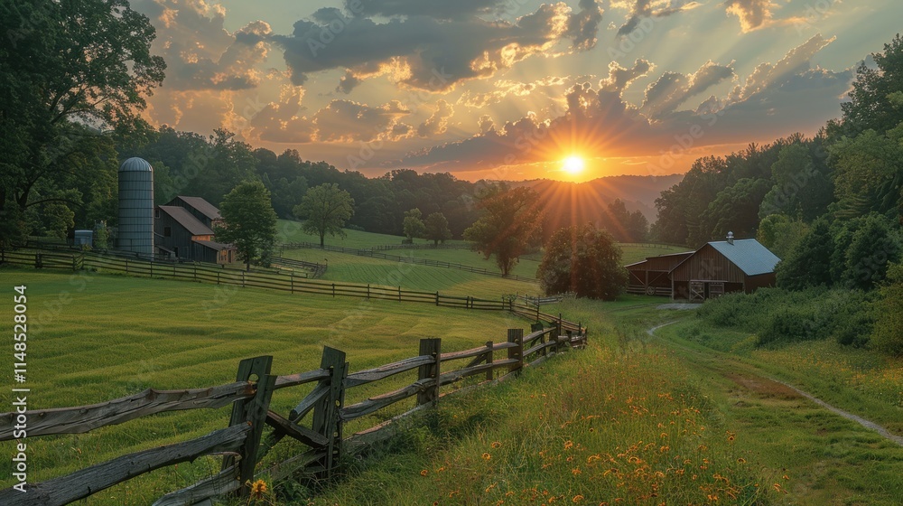 A serene farm landscape at sunset, featuring barns, silos, lush green fields, and a rustic wooden fence.