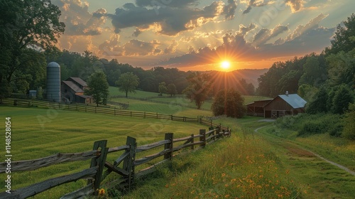 Obraz na płótnie A serene farm landscape at sunset, featuring barns, silos, lush green fields, and a rustic wooden fence. w salonie