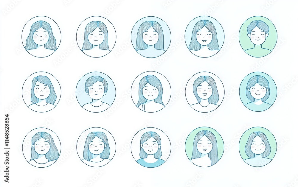 A set of cute, simple line art circular avatar icons featuring female characters with different emotions. A set of cute, simple line art circular avatar icons featuring female characters with different emotions.