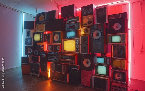 Towering collection of vintage speakers and television illuminated by neon lights photo