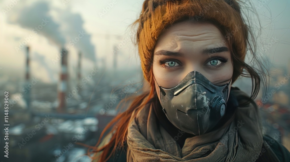 A woman with piercing eyes wears a mask, surrounded by smoke and pollution from industrial chimneys, symbolizing environmental awareness and health concerns. A woman with piercing eyes wears a mask, surrounded by smoke and pollution from industrial chimneys, symbolizing environmental awareness and health concerns.