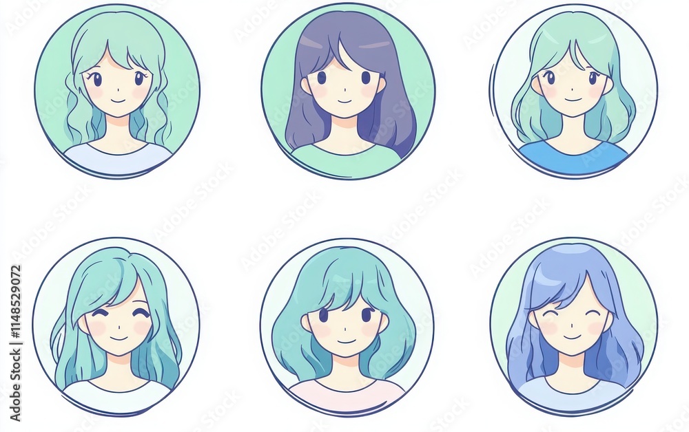 A set of simple, cute line art avatar icons of female characters, featuring various emotions in a circular format. The design is minimalistic, using light blue and green hues on a white background. A set of simple, cute line art avatar icons of female characters, featuring various emotions in a circular format. The design is minimalistic, using light blue and green hues on a white background.