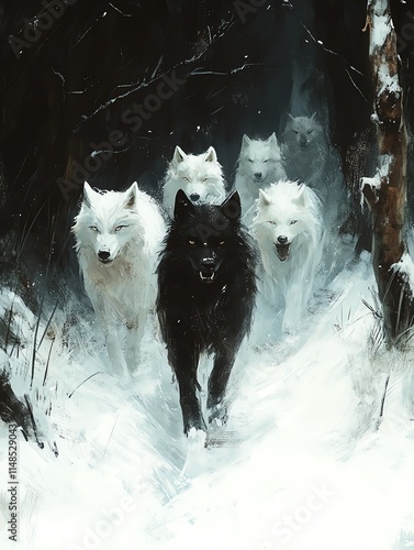 A captivating pack of wolves traverses a snowy forest, blending elegance and mystery in nature's wild embrace. photo