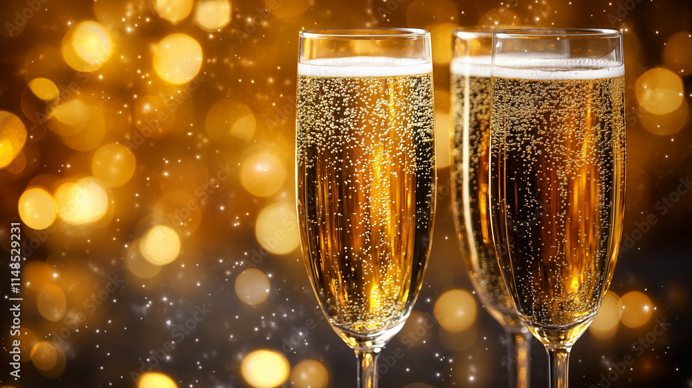 Two Champagne Glasses with Golden Bokeh for Festive Celebration Two Champagne Glasses with Golden Bokeh for Festive Celebration
