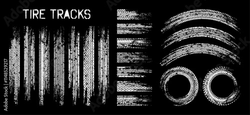 Grunge tire tracks, wheel braking marks. Truck, car or motorcycle tread pattern silhouettes. Auto race, motorsport, speed racing design element. Vector illustration