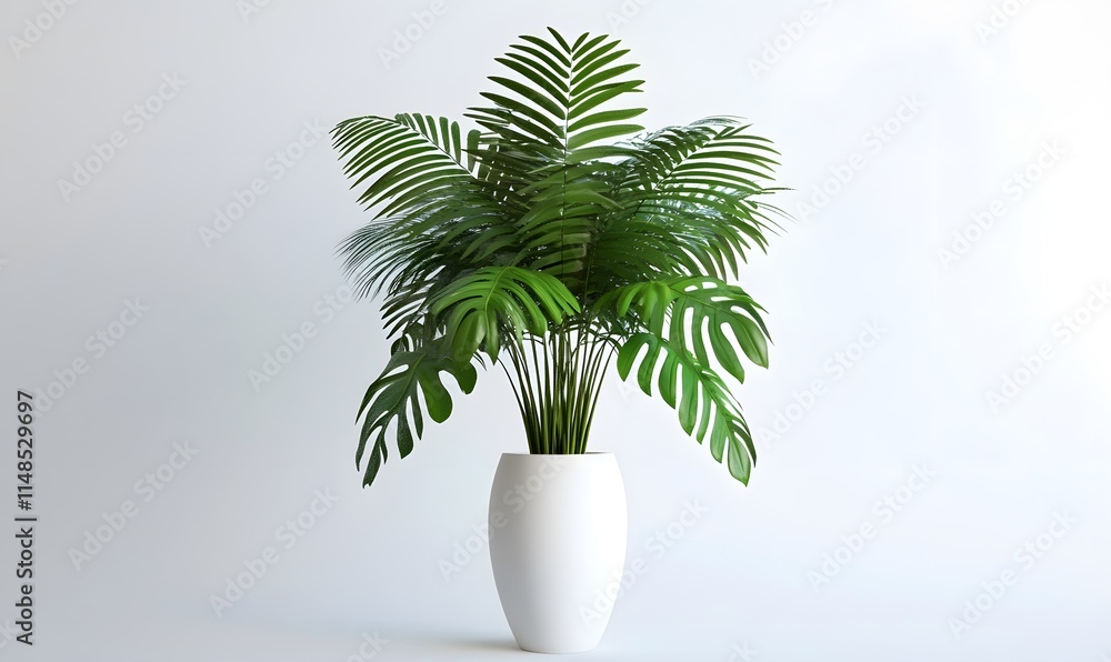Obraz premium Lush indoor plant in a white pot, against a white background.