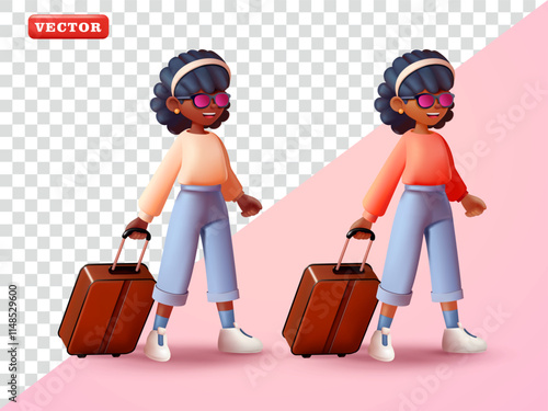 Woman traveling while carrying a suitcase. 3d vector suitable for, promotion, advertising and design elements