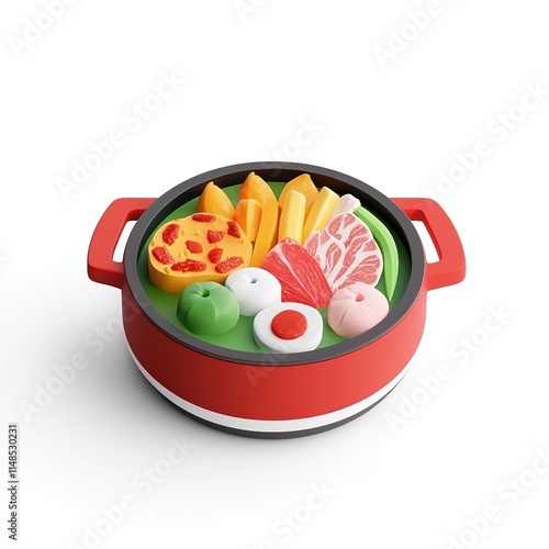 3D Cartoon Hotpot Icon in Cute Shape with Minimalist, Soft Round Form and Hyper Detail on White Background – Isometric Design