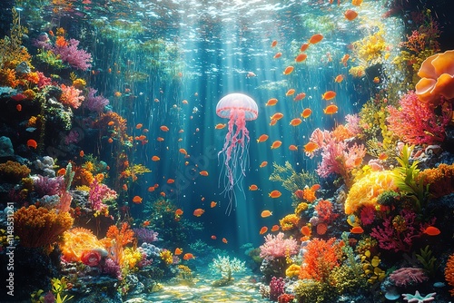 Vibrant coral reef teeming with life and sunlight. photo