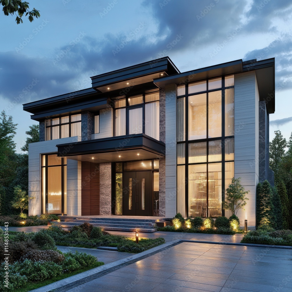 Modern Luxury Home Evening Twilight Illumination Design Modern Luxury Home Evening Twilight Illumination Design