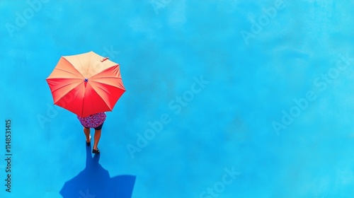 Colorful street scene with a top view of a person walking with an umbrella against a blue background
