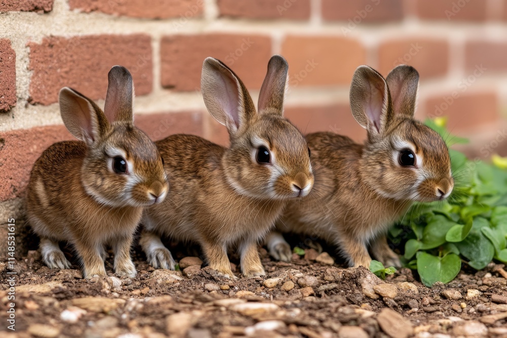 A family of rabbits nibbling on plants in a garden corner, with the soft glow of morning light illuminating the scene A family of rabbits nibbling on plants in a garden corner, with the soft glow of morning light illuminating the scene