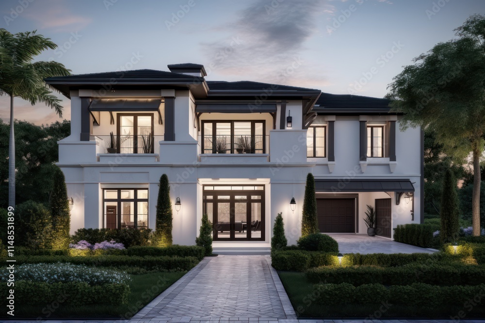 Fototapeta premium Elegant Two Story Modern Home Evening Illumination