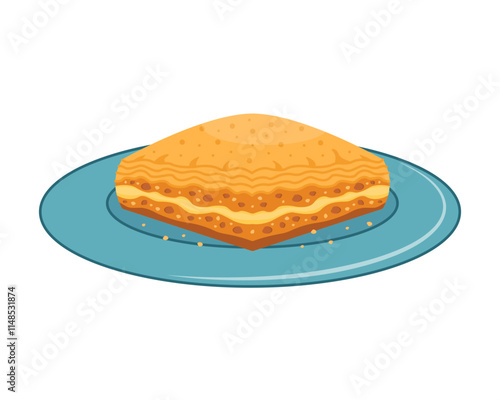 Nut and honey baklava on a blue plate. Traditional eastern sweets dessert. Vector illustration