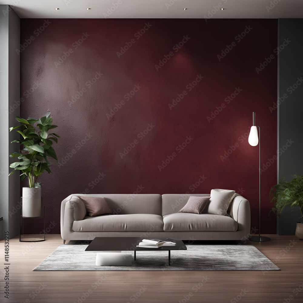 A modern living room featuring a stylish gray sofa against a deep burgundy wall, complemented by greenery and contemporary decor, creating a cozy and inviting atmosphere. A modern living room featuring a stylish gray sofa against a deep burgundy wall, complemented by greenery and contemporary decor, creating a cozy and inviting atmosphere.