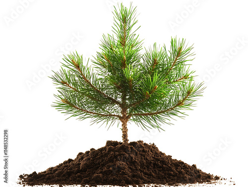 Pine tree sapling in fresh soil on transparent background(PNG)