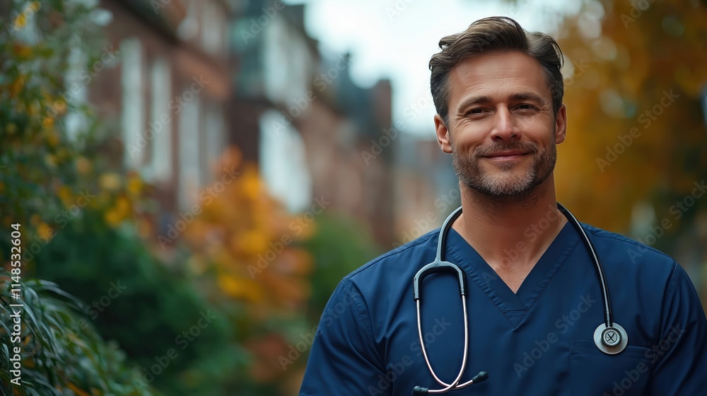 Male caregiver in medical uniform smiles at camera outdoors on way to work. Pro healthcare worker looks friendly, approachable. Modern medical care, health trends evident. Urban background in focus, Male caregiver in medical uniform smiles at camera outdoors on way to work. Pro healthcare worker looks friendly, approachable. Modern medical care, health trends evident. Urban background in focus,