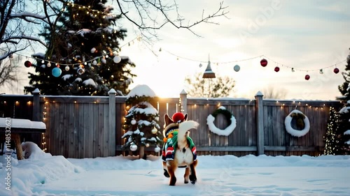 A cheerful dog wearing a colorful holiday sweater plays in a snowy backyard adorned with decorations. The scene captures a joyful winter atmosphere with festive cheer.