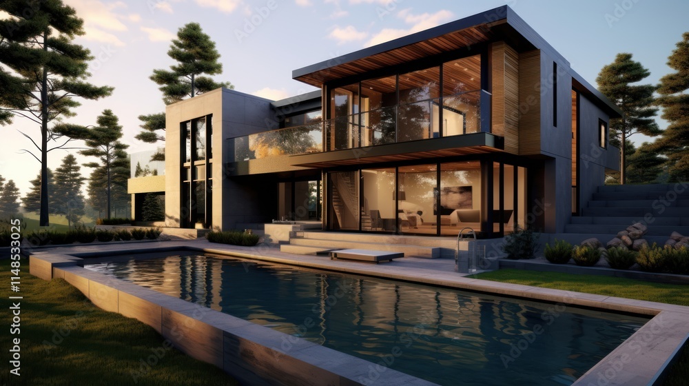 Obraz premium Modern Luxury Home with Infinity Pool and Forest View
