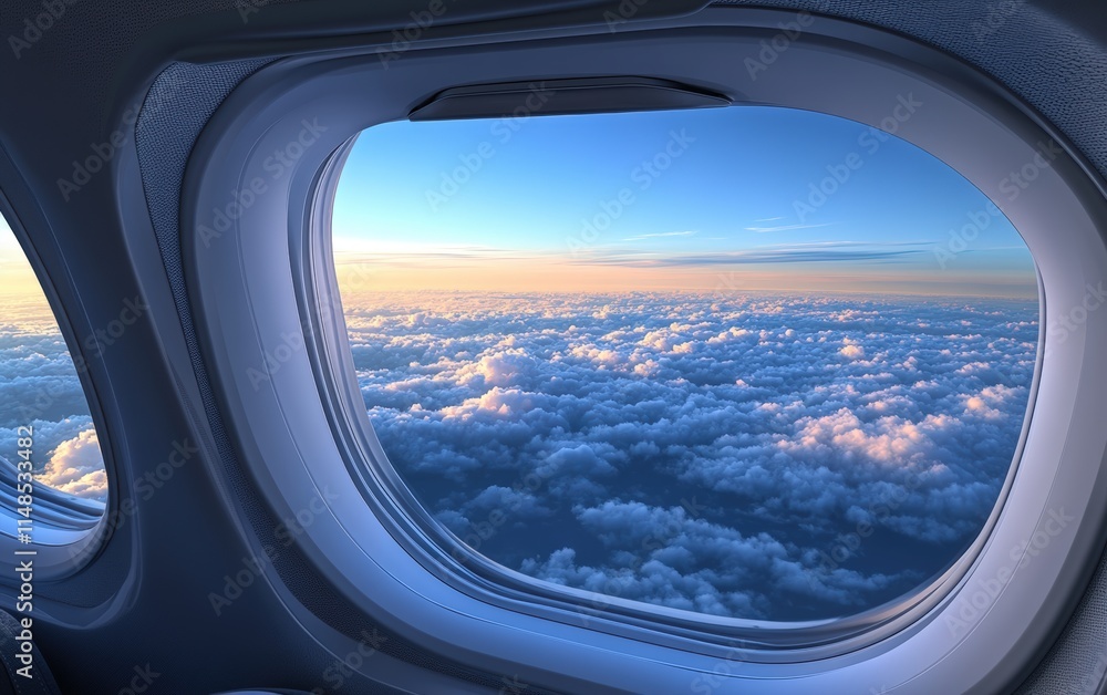 A breathtaking sunset view from an airplane window, showcasing a stunning expanse of fluffy clouds bathed in golden light. An unforgettable journey! A breathtaking sunset view from an airplane window, showcasing a stunning expanse of fluffy clouds bathed in golden light. An unforgettable journey!